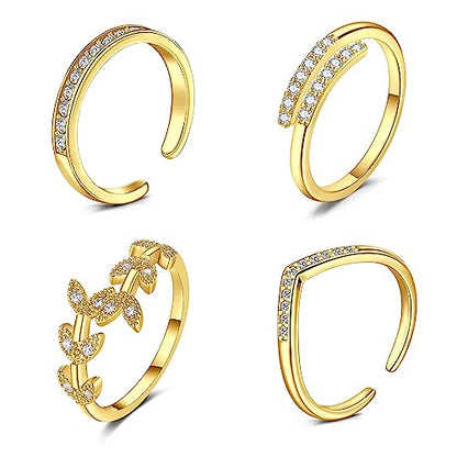 JFORYOU Toe Rings for Women Adjustable Open Toe Rings with Anklet Set CZ Flower Toes Ring for Summer Beach Foot Jewelry - color: 4pcs-golden toe rings Style A