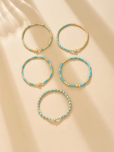 LOTSOF Bohemia Multilayer Beaded Bracelet Set, Turquoise Resin Colorful Surfer Heishi Style Elastic Spring Clasp Friendship Elastic Wristbands Summer Beach Boho Vacation Jewelry - color: Blue