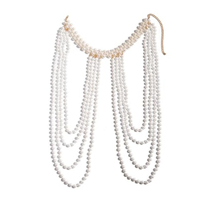 Pearl Beaded Bra Body Chain,Festival Rave Shoulder Chain Wedding Bridal Pearl Tassel Arm Chain Jewelry for Women - color: White