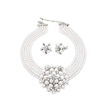 Fashion 21 5 Rows Rhinestone Accented Simulated Floral Pearl Cluster Necklace, Clip on Earring 2 Set - color: White