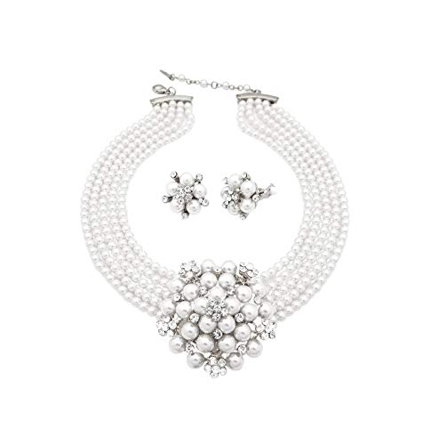 Fashion 21 5 Rows Rhinestone Accented Simulated Floral Pearl Cluster Necklace, Clip on Earring 2 Set - color: White