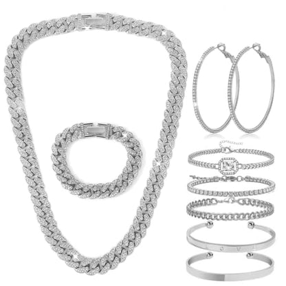 8 PcsCuban Link Chain jewelry sets for Woman with Rhinestone Necklace Bracelet Earrings Bling Diamond chunky Chain Jewelry - color: Silver B, size: 24inch