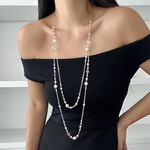 Long Chain Necklaces for Women Pearl Necklaces for Women Long Necklace Dainty Layered Pearl Necklace Statement Sweater Strand Chain Jewelry - color: Silver color