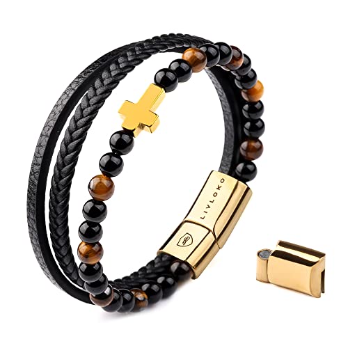 LONDON Mens Bracelet Leather Black Multi-Layer Stone Beads Adjustable Steel Clasp Viking Rope Bands Surfer Man Wristband Male UK Jewellery Gift box Boyfriend Dad Son Brother Tiger Eye - color: E. 19-22cm Black Brown Tiger-Eye Cross Adjustable, size: Mediu
