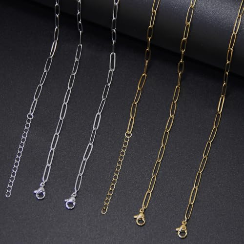 Exway 20 Pcs Paperclip Charm Bracelets Chain 6.5 Inch Stainless Steel Gold and Sliver Chain Bracelets Kit with Lobster Clasps for Crafts DIY Women Jewelry Making - color: gold+silver style C, size: 6.5in