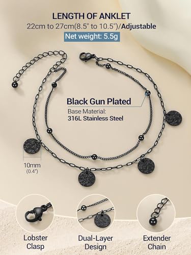PROSTEEL Anklets for Women Waterproof, Silver/Gold/Black, Stainless Steel | Layered Anklets, Stainless Steel, Durable& No Tarnish, Summer Beach Jewelry, with Gift Box, 8-10.5" Adjustable, Plus Size - color: Black, size: Ball Station & Paperclip