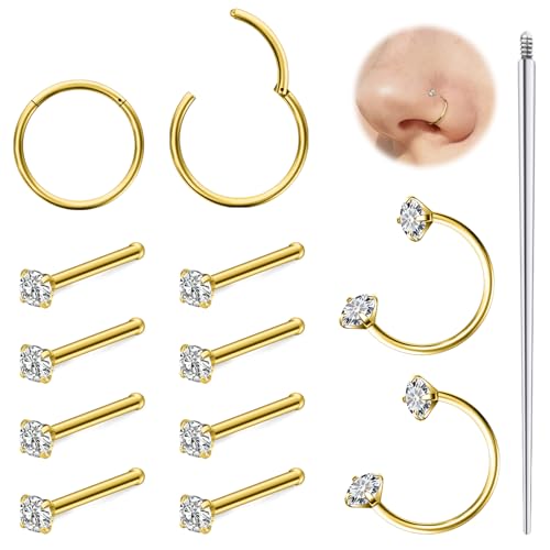 Hoeudjo 18G Horseshoe Nose Ring Surgical Steel Hinged Nose Hoops for Women Nose Studs 1.5MM/2MM/2.5MM/3MM Cubic Zirconia Bone & Screw & L-shaped Nostril Ring Body Piercing Jewelry for Women Men - color: goldtone,nose bone studs, size: 2mm CZ