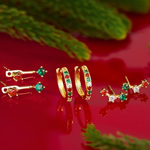 3 Pairs Dainty Small Earrings Set for Women Trendy, Birthstone Stud Huggie Hoop Jacket Stack for Cartilage Helix, Gold Plated Hypoallergenic Cute Women Fashion Accessories Western Jewelry Gifts - color: Christmas Earrings(Gold Red White Green)