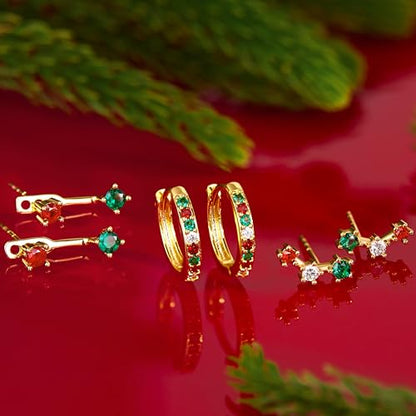 3 Pairs Dainty Small Earrings Set for Women Trendy, Birthstone Stud Huggie Hoop Jacket Stack for Cartilage Helix, Gold Plated Hypoallergenic Cute Women Fashion Accessories Western Jewelry Gifts - color: Christmas Earrings(Gold Red White Green)