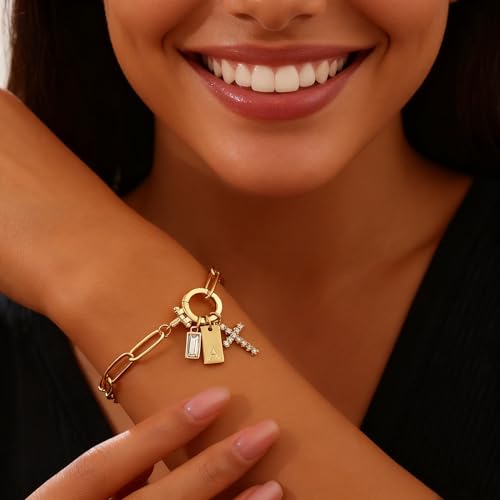Initial Cross Charm Bracelet, 18K Gold Plated Dainty Paperclip Link Chain Bracelets for Women, Non Tarnish, A-Z Letter Bracelet Personalized Gifts Gold Jewelry for Women - color: Letter-K