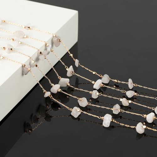 KYUNHOO Gold Plated Chain for Jewelry Making with Jump Rings Lobster Clasps | 16.4 Feet KC Gold Plated Brass Jewelry Chains White Handmade Raw Stone Chain Links on Roll for DIY Jewelry Crafts - color: Natural Stone-White