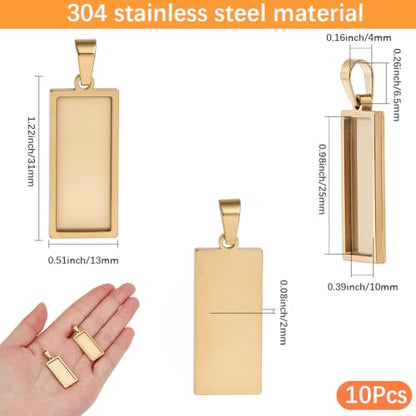 1 Box 10Pcs Stainless Steel Rectangle Pendant Tray Bezel Tray Blanks 31x13mm Gold Charms Pendant Base Cabochon Bezel Blank for Jewelry Making Resin Photo Craft Necklace Bracelets Adults - style: gold rectangle