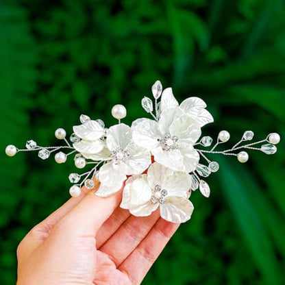 Foyte Bridal Flower Hair Clip White Flower Hair Comb Rhinestone Floral Hairpin Crystal Pearl Hairpieces for Women and Brides