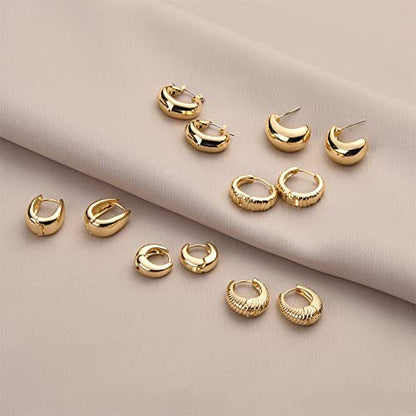 Wgoud 6 Pairs Chunky Gold Hoop Earrings for Women, 14K Gold Plated Hoop Earrings Hypoallergenic, Thick Lightweight Twisted Huggie Hoops Earring Set for Women’s Jewelry GIfts - color: 6 Prs Chunky Gold