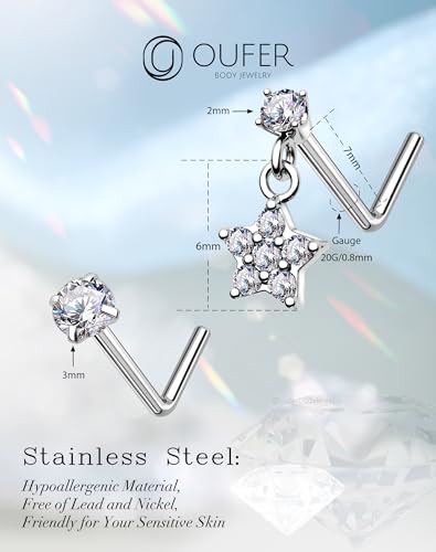 OUFER 2PCS Stainless Steel Nose Rings, Moon Star Butterfly Design 20G Nostril Dangle Piercing Jewelry - 7MM - style: Flower