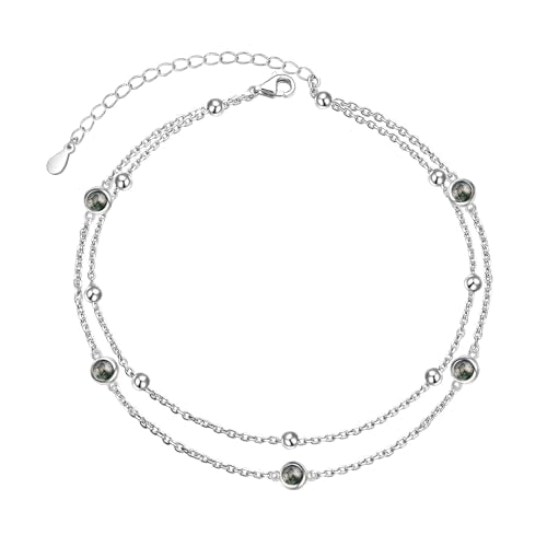 Flyow Anklet for Women S925 Sterling Silver Adjustable Foot Beaded Heart Charm Ankle Bracelet Anklets Jewelry - style: Agate
