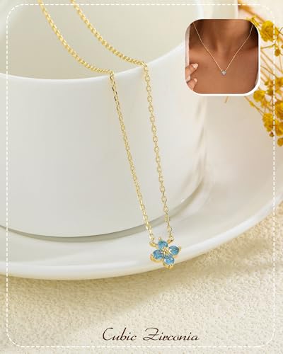 ZHESHY Birthstone Gold Necklaces for Women Dainty 14K Gold Plated Necklace | Simple Non Tarnish Diamond Cubic Zirconia Pendant Necklaces Women Gold Trendy Jewelry Bridesmaid Birthday Gifts - color: Light Blue March