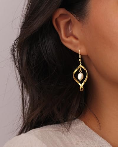 Chunky Gold Hoop Earrings for Women Non Tarnish, 14k Gold Plated Thick Triple Hoop Earrings Hypoallergenic Trendy Hoops Dainty Jewelry Gifts for Women - style: Dangle Pearl