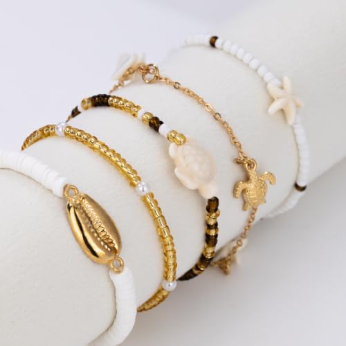 Beaded Anklet Bracelets For Women Waterproof Gold Anklets Jewelry Set Stack | non tarnish free pearl puka seashell beach boho stretchy anklet for summer dainty and tewiky gold plated - color: Golden Turtle