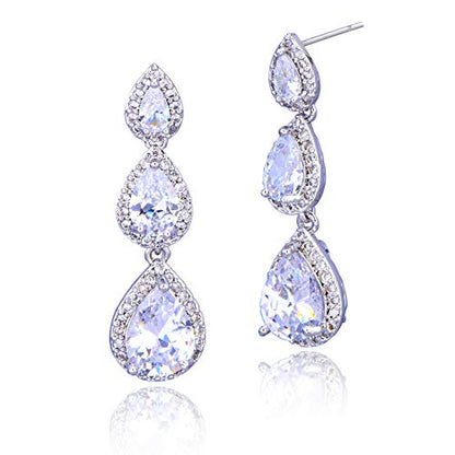 Women's Cubic Zirconia Bridal Earrings - Elegant Long Wedding Party Prom Earring for Bride Bridesmaids Crystal CZ Rhinestone Chandelier Statement Dangle Drop Earrings for Women - color: Silver