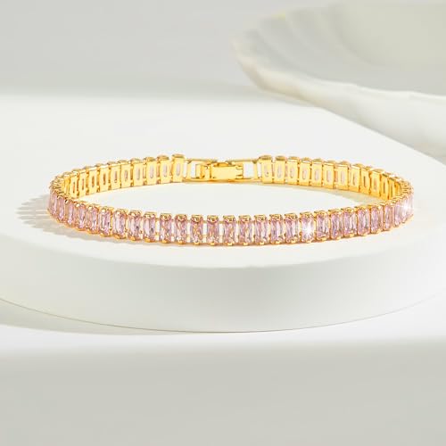 18K Gold Plated 5.0mm Pink Cubic Zirconia Tennis Bracelet|5.9-7.5in Multi-Size Classic Women's Tennis Bracelet - size: 6.7 inch/17cm