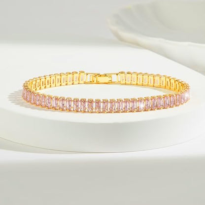 18K Gold Plated 5.0mm Pink Cubic Zirconia Tennis Bracelet|5.9-7.5in Multi-Size Classic Women's Tennis Bracelet - size: 7.1 inch/18cm