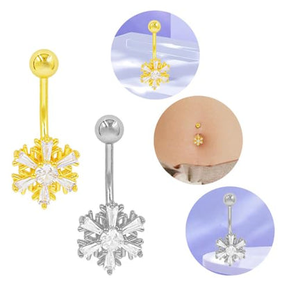 Dainty Flower Dangle Belly Button Ring CZ Crystal Snowflake Navel Barbell Rings Dangling Christmas Body Piercing Jewelry for Women - color: Gold
