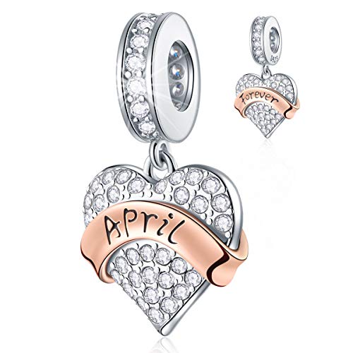 EMOSTAR Jan-Dec Birthstone Charms fits European Birthday Bracelet, Dangle 925 Sterling Silver Heart Shaped Pendant with 12 Months Birthstones, Gifts for Mom/Women - color: April Birthstone