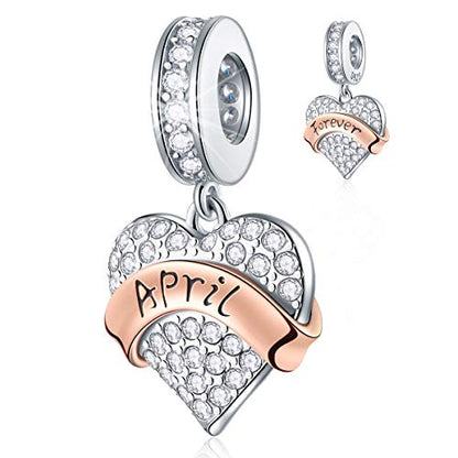 EMOSTAR Jan-Dec Birthstone Charms fits European Birthday Bracelet, Dangle 925 Sterling Silver Heart Shaped Pendant with 12 Months Birthstones, Gifts for Mom/Women - color: April Birthstone