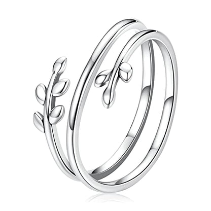 MUNDELL 925 Sterling Silver Simple Multi-layer Leaf Adjustable Ring Green Lucky Leaves Statement Ring for Women Promise Ring Fine Jewelry - color: Multi-layer Leaf