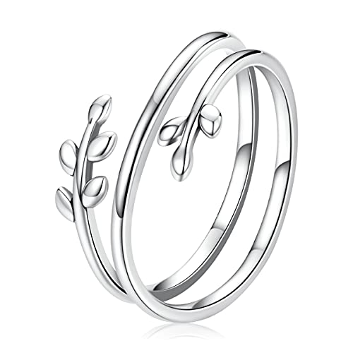 MUNDELL 925 Sterling Silver Simple Multi-layer Leaf Adjustable Ring Green Lucky Leaves Statement Ring for Women Promise Ring Fine Jewelry - color: Multi-layer Leaf