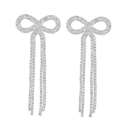 Rhinestone Earrings Dangling for Women Sparkly Silver Dangle Earrings Girls Long Chandelier Earrings Tassel Lightweight Ear Studs Cubic Zirconia (KE001S-W) - color: Bow 516286S Silver Clear