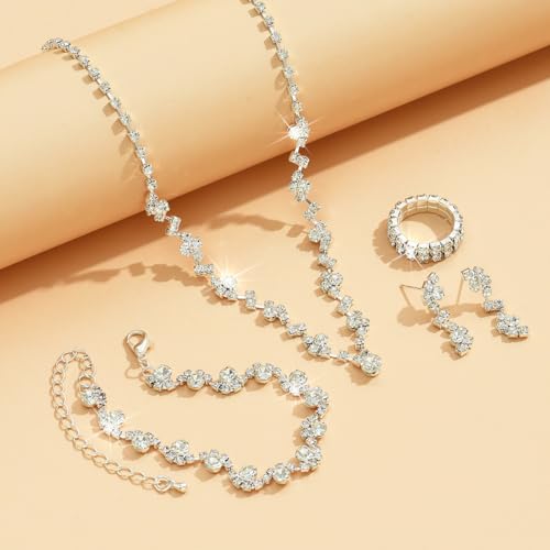 Wedding Jewelry Sets for Brides Rhinestone Necklace and Earring Set Bracelet Ring Gold Silver Prom Jewelry Sets Diamond Flower Teardrop Necklace for Women - color: Style1-Silver-4pcs