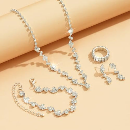Wedding Jewelry Sets for Brides Rhinestone Necklace and Earring Set Bracelet Ring Gold Silver Prom Jewelry Sets Diamond Flower Teardrop Necklace for Women - color: Style1-Silver-4pcs