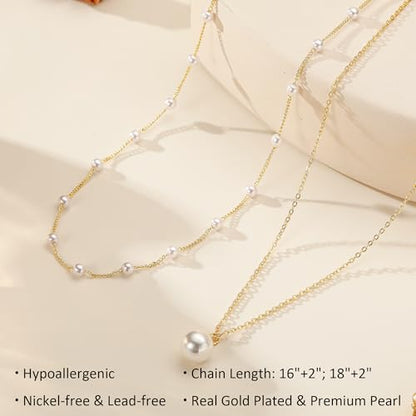 Ritach Pearl Necklaces for Women - Real Gold Plated Dainty Pearl Necklace Daisy Round Drop Pearl Choker Necklace Layered Gold Necklace for Women Teen Girls Bridesmaid Wedding Birthday Gifts - style: Gold-Layered Satellite Pearl
