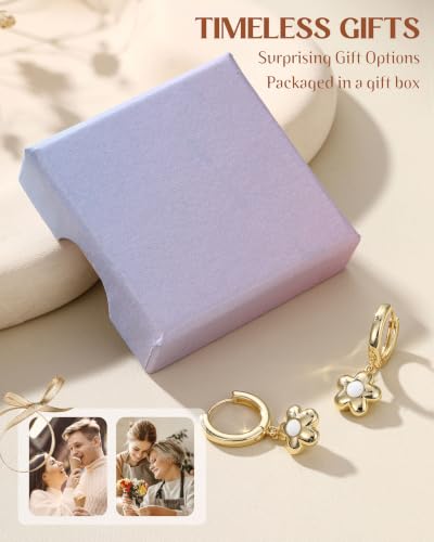 FIBO STEEL 14K Gold Plated Hoop Earrings with Charms for Women Huggie Hoops | Hypoallergenic 925 Sterling Silver Post Dangle Earrings Small Silver Gold Hoops Earring Cubic Zirconia Dangle Drop Jewelry - color: Flower- 14K Gold Plated