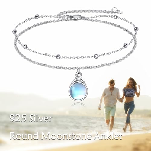 POPLYKE Frog/Pearl/Dragonfly/Ladybug/Highland Cow/Pearl/Moonstone Anklets Sterling Silver Double Layered Chain Beach Anklets for Women Foot Jewelry - style: Moonstone