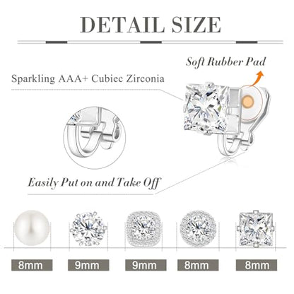 Cubic Zirconia Clip on Earrings - Women Hypoallergenic Comfortable Non Pierced Stud Earrings for Wedding and Dance Competitions, Clip-on Earrings Silver Gold - color: Silver