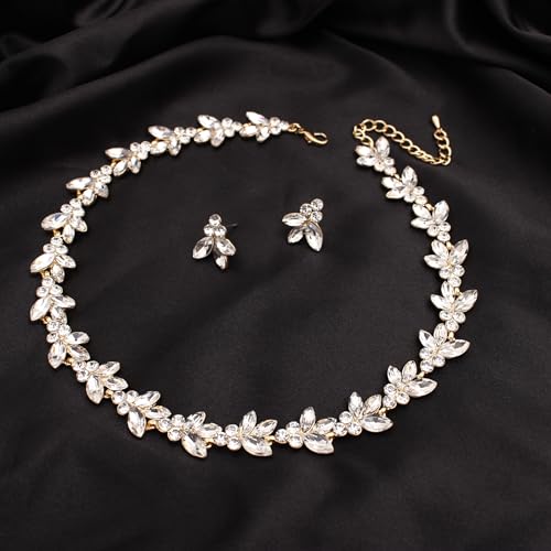 Bridal Wedding Crystal Leaf Choker Necklace Dangle Earring Bracelet Brides Bridesmaid Jewelry Set for Women - color: White-Gold Plated