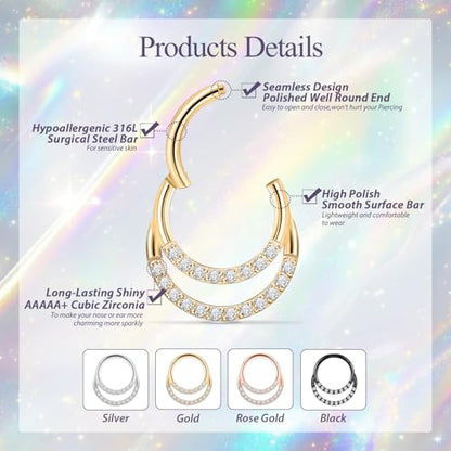 GAGABODY Septum Jewelry 16 Gauge Earrings Double Hoop Daith Earring Surgical Steel Hinged Nose Rings Nose Hoop Helix Tragus Rook Piercing - color: Style3:1pc Gold+Clear CZ