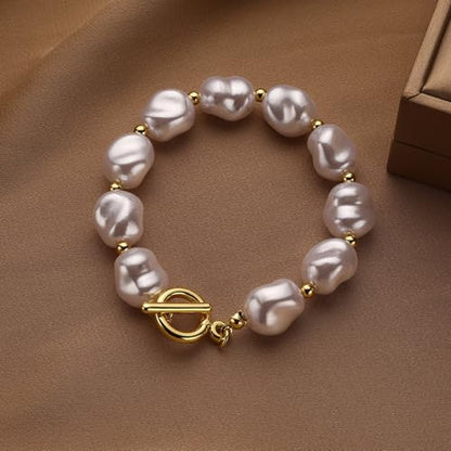 Baroque Pearl Bracelet for Women Elegant Gold Plated Irregular Chunky Pearls Bracelets Summer Starfish Seashell Conch Cuff Bracelets Jewelry for Vacation - color: white gold