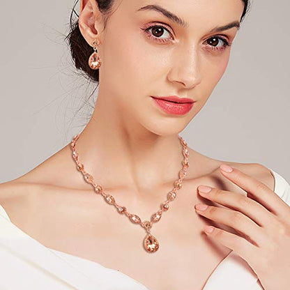 EleQueen Women's Teardrop Necklace Earrings Jewellery Set for Party Prom | Wedding Bridal Costume Jewelry Set for Brides Bridesmaids, Crystal Teardrop Necklace Dangle Earrings - color: Rose Gold-Tone