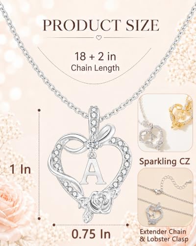 Initial Heart Necklace Gift for Women – 14K Gold & White Gold Plated Rose Pendant, Personalized Letter Jewelry for Wife, Mom, Grandma, Sister – Birthday, Anniversary for Her - color: White Gold