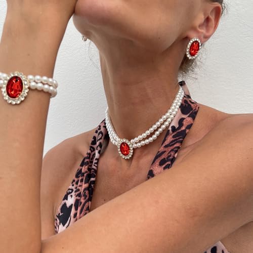 3Pcs Dainty Elegant Imitation Pearl Beaded Choker Necklace Bracelets Earrings Set Handmade Adjustable Faux Pearl Necklace for Women Bridal Wedding Party Prom Birthday Valentine Jewelry Gifts - color: D red