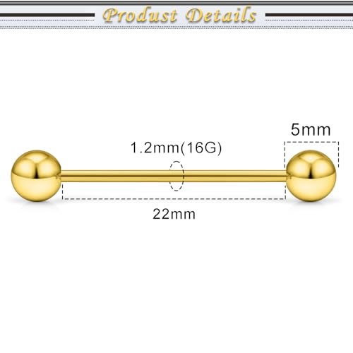 16G 14G Surgical Steel Tongue Rings Nipple Rings Industrial Piercing Jewelry Set Multi Size Straight Barbells 12mm 14mm 16mm 19mm 22mm 28mm 32mm 35mm 38mm 40mm 45mm for Women Men - color: goldtone, size: 16g,bar length 22mm