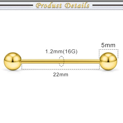 16G 14G Surgical Steel Tongue Rings Nipple Rings Industrial Piercing Jewelry Set Multi Size Straight Barbells 12mm 14mm 16mm 19mm 22mm 28mm 32mm 35mm 38mm 40mm 45mm for Women Men - color: goldtone, size: 16g,bar length 22mm