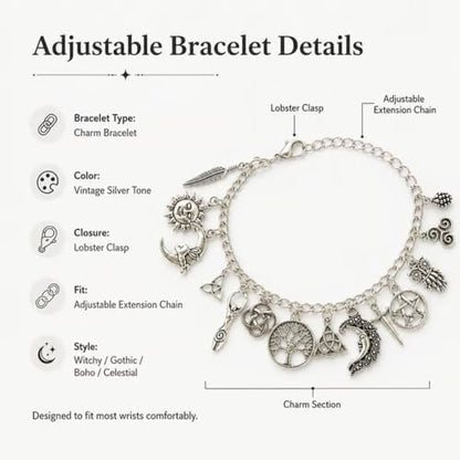 Vintage Witchy Charm Bracelet,Gothic Boho Jewelry for Women with 7 pendant, Adjustable Lobster Clasp,Meaningful Gift for Witchy, Boho Style Lovers
