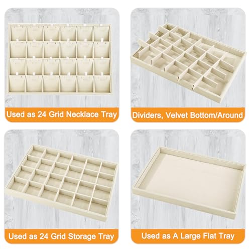 24 Grid Jewelry Tray Velvet Jewelry Display Tray with Removable Dividers | Jewelry Organizer Stackable Trays for Earrings Necklaces Bracelet Rings Display Showcase - Light Khaki - color: Light Khaki