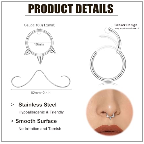 ONESING 20-30 Pcs Septum Rings 16G Septum Jewelry - Surgical Steel Piercings Horseshoe Helix Daith Smiley Tragus Lip Rings Nose Hoop Hinged Seamless Piercing Jewelry for Women Men - color: Silver-16G-10mm