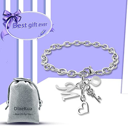 Initial A-Z Bracelets Gift for Women Girls Stainless Steel Chain Bracelet 26 Alphabet Jewelry Gifts for Birthday Anniversary Letter Bracelet Monogram Gifts for Sister Friend Girlfriends Mom 8.26 Inch - color: Silver